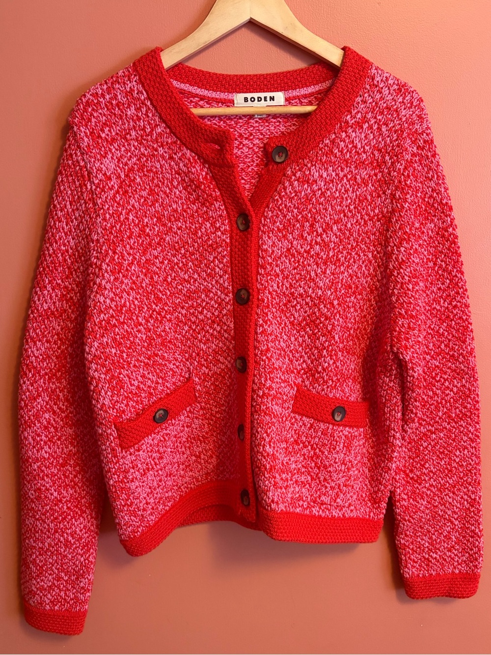Boden Red & Pink Marled Button-Front Cardigan Jacket Size 14 - Picture 4 of 10